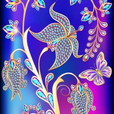 Vibrant floral design with jewels and butterfly on a gradient background